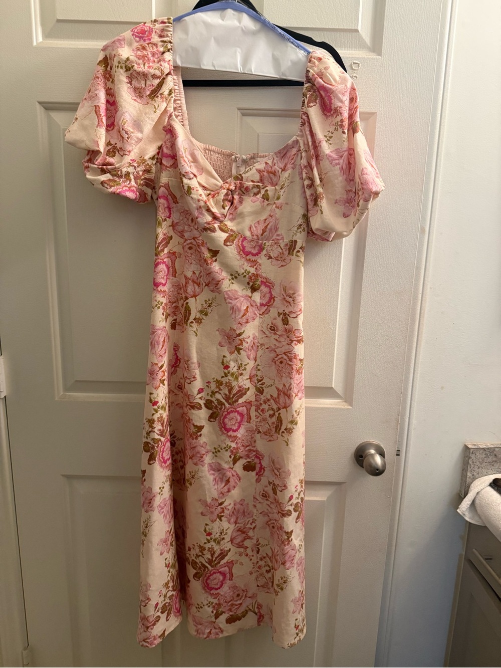 Avec Les Filles Cream Midi Dress with Pink Floral Print